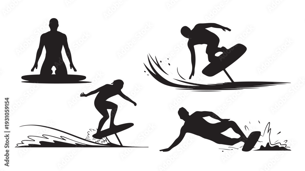 Fototapeta premium Vector Illustration Of Silhouette Surfers In Various Actions On Water For Sports And Adventure Concepts