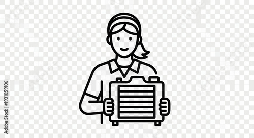 Woman holding a portable air conditioner unit, line art icon, clean and fresh air concept