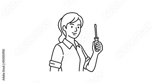 Woman holding a screwdriver, ready for DIY or repair work, line art illustration