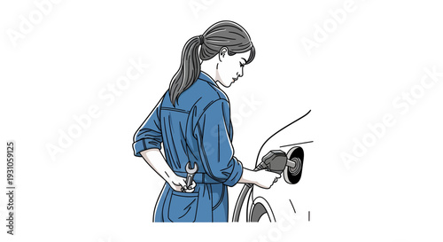 Woman Mechanic Filling Gas Tank, Wrench in Hand, Car Service, Auto Repair