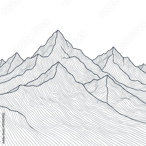 Minimalist mountain range outline drawing with contour lines, isolated on white background