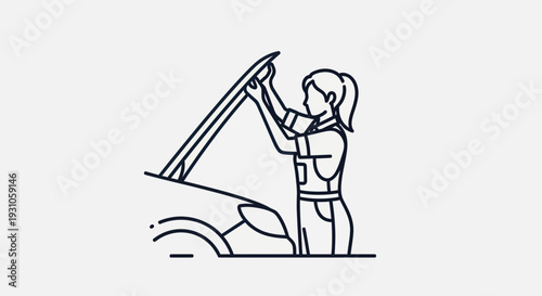 Woman Mechanic Inspecting Car Engine Under Open Hood, Line Art Icon
