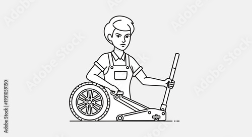 Woman mechanic with car wheel and jack, changing tire, DIY car repair, workshop, line art