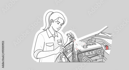 Woman Mechanic Working on Car Engine, Auto Repair and Maintenance