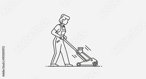Woman mechanic using car jack for vehicle repair, line art illustration
