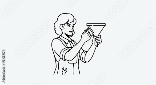 Woman mechanic with funnel, illustration, workshop, tools, repair, service, maintenance
