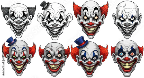 Creepy Clown Faces Set - Horror, Circus, Halloween, Grinning, Scary Characters