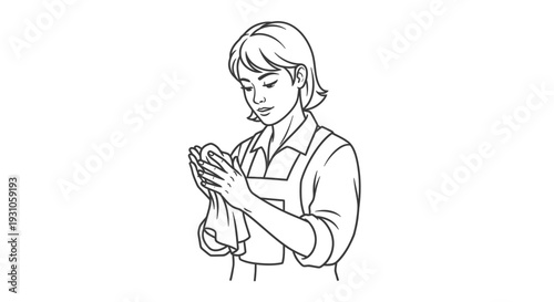 Woman wiping hands with cloth, cleaning, hygiene, domestic work, line art