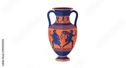 Classical Greek amphora pottery with orange and blue decorative patterns depicting ancient athletes or mythological scenes in detail.