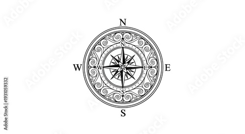 Vintage Compass Rose Nautical Navigation Tool with Ornate Swirls
