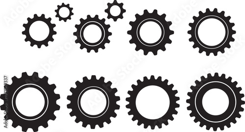 Set of black gear icons with different quantity of teeth. Vector