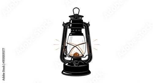 Vintage kerosene lantern with glowing light, isolated on white background