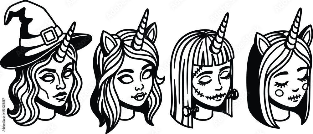 Obraz premium Tattoo flash monochrome close up heads with unicorn horns and witch hats four female portraits with stitched mouths frontal detail
