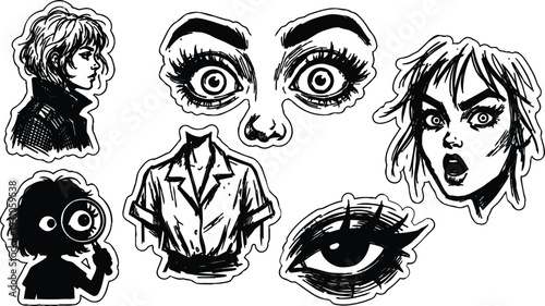 Tattoo flash dramatic close up eyes shocked female face profile with shirt torso and child magnifying glass bold ink outline