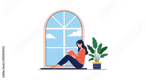 Relaxed young woman sitting on a windowsill reading an interesting book next to a large potted indoor plant on a sunny afternoon.