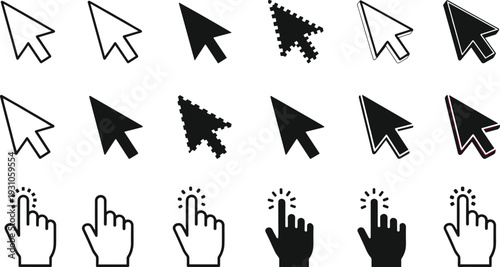 Computer mouse cursor and hand pointer icon set featuring arrow clicker pixelated 3D and touching finger symbols for digital interface