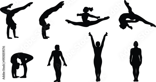 Silhouette vector gymnasts performing diverse acrobatic poses including handstand split leap balance flat minimal layout on white studio arrangement background