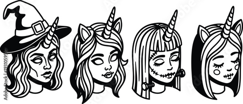 Tattoo flash monochrome close up heads with unicorn horns and witch hats four female portraits with stitched mouths frontal detail