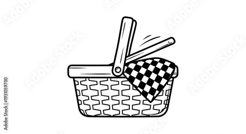 Hand-drawn Picnic Basket with Gingham Cloth and Handle