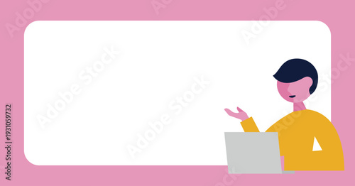 パソコンと男性のフレームイラスト素材（横長）