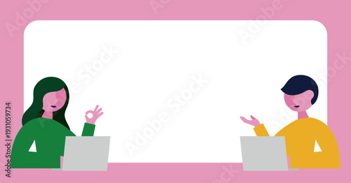 パソコンと男性・女性のフレームイラスト素材（横長）