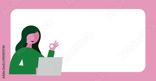 パソコンと女性のフレームイラスト素材（横長）