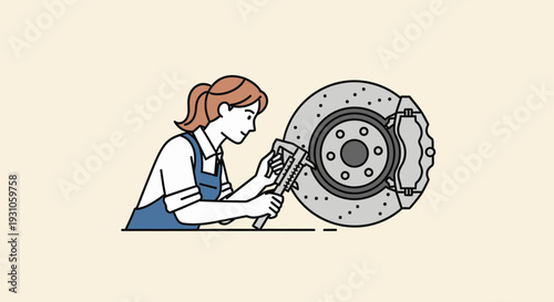 Mechanic woman inspecting car brake disc with caliper, auto repair workshop, maintenance concept