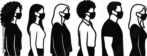 Flat design side profile group of masked people standing in line social distancing vector icon simple monochrome clinic illustration