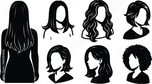 Minimalist silhouette vector set of seven female hairstyles side profile front and back views with varied textures editable icons