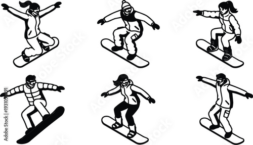 Line art snowboarder set six action poses female and male riders jumping carving landing viewed from slight low angle dynamic