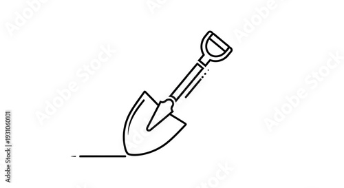 Shovel digging into the ground, garden tool, outdoor activity, black and white line art icon