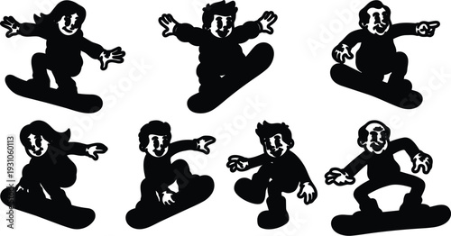 Retro silhouette snowboarders performing tricks midair six character icons set flat vector black and white dynamic composition playful various poses