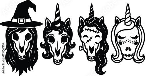 Tattoo flash spooky unicorn skulls set with witch hat stitched mane and closed eyes in flat black vector line art
