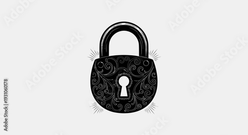 Vintage Black Padlock with Ornate Swirls and Keyhole, Security Concept