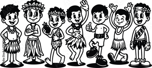 Vector art retro cartoon boys in hula costumes dancing and smiling in a lineup with island props and playful mood