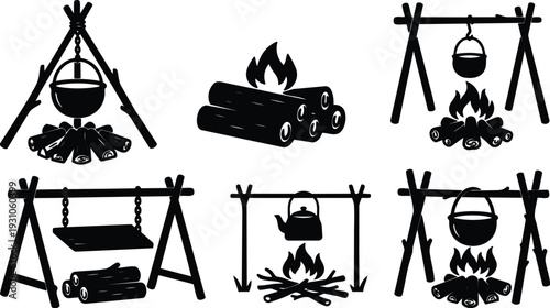 Flat design close up campfire cooking tripod with hanging pot and kettle low angle silhouette rustic outdoor camping black icons