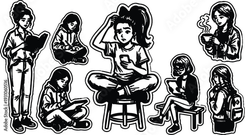 Monochrome sticker style teenagers reading and using devices sitting and standing holding phones tablets and books with contemplative mood