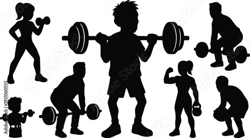 Silhouette vector flat gym athletes lifting barbells and kettlebells in dynamic poses side view young adult female strength training session