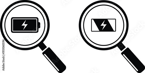 Magnifying glass with battery charging icon set for power diagnostics energy research battery health monitoring electrical inspection and troubleshooting system symbols