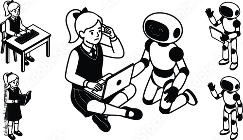 Line art vector girl student using laptop with friendly robot tutor sitting together close up educational technology scene monochrome isometric