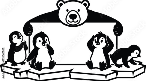 Minimalist black and white vector scene polar bear holding blank sign with four cute penguin chicks on cracked ice floe