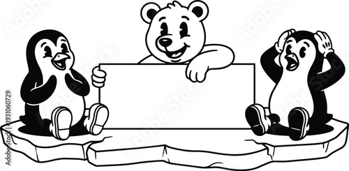 Cartoon vector polar bear holding blank sign with two playful penguins sitting on ice close up smiling line art outline