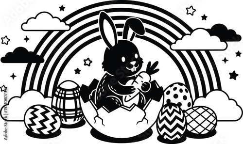 Monochrome line art rabbit hatching from egg holding carrot with decorated eggs and rainbow clouds in whimsical vector illustration playful