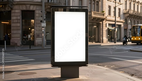 Blank digital billboard on a city street corner with a tram and scooter passing by