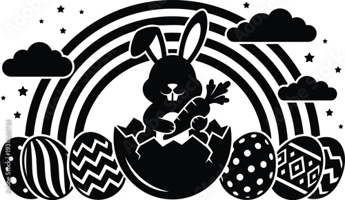 Flat design close up easter bunny hatching from cracked egg holding carrot amid decorated eggs rainbow background playful black silhouette