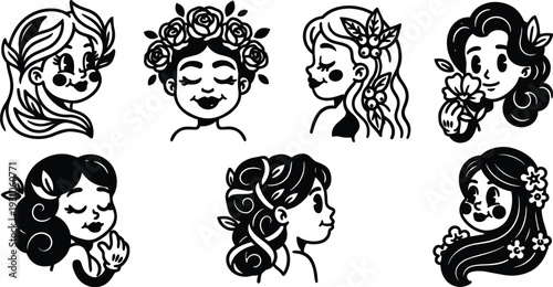Tattoo flash retro cartoon seven floral woman faces with different profiles and closed eyes holding flowers black and white vector