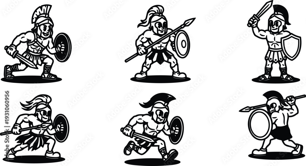 Naklejka premium Cartoon mascot vector set of six ancient greek hoplite warriors charging with spears shields and crested helmets in line art