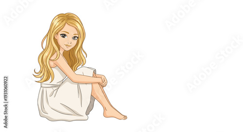 Pretty young girl with long wavy blonde hair wearing a simple white dress sitting gracefully on a white background.