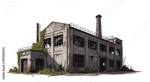Old abandoned factory building with broken windows and overgrown greenery standing as a ruin in a pixel art style.