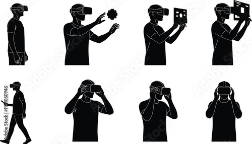 Virtual Reality (VR) User Interaction, Exploring Digital Worlds, and Hands-On Experiences with VR Headset and Controllers in Black and White Silhouette